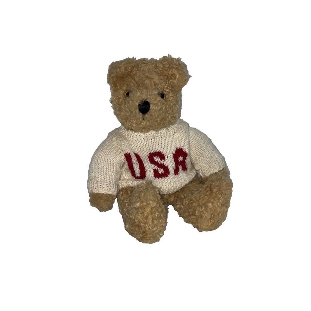 TY Attic Treasures Teddy Bear USA Sweater Plush 10” Vintage Curly Tan